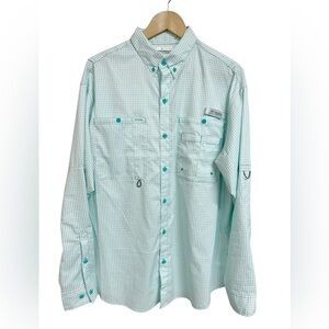 Columbia PFG Omni- Shade Fishing Shirt Vented Teal & White Plaid Size L
